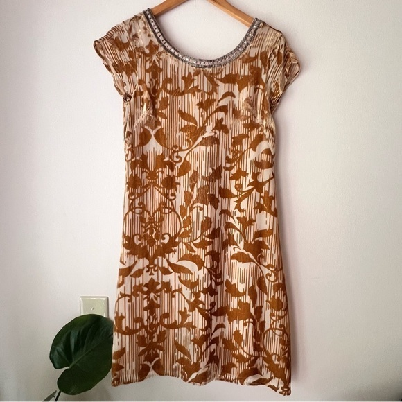 SUNDANCE silk blend burnout velvet beaded dress‎ mustard yellow SIZE SMALL boho - Picture 1 of 8